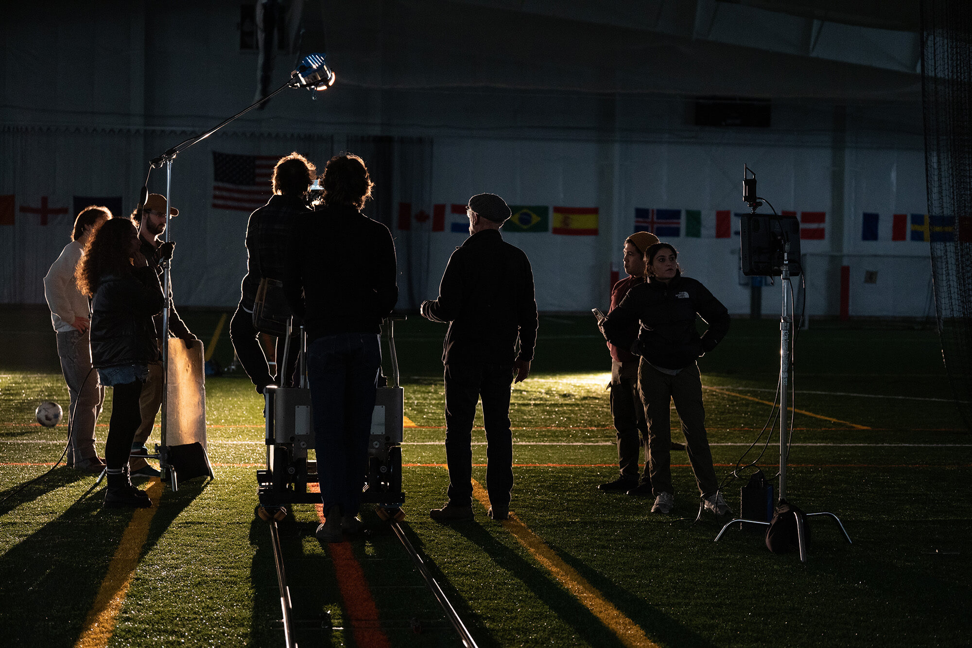 Daniel Pearl, ASC teaching Maine Media students cinematography at the indoor Pitch soccer field - Photo by Alaric Beal