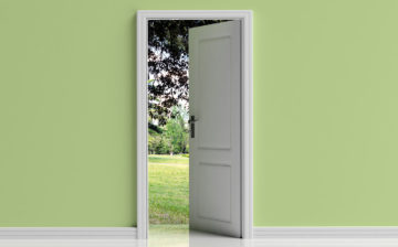 Opened door, passage to nature, hope. Open door on green pastel wall background.