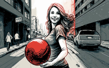 Drawing of a woman in a city street holding a red bowling ball and looking happy