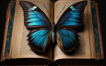 Butterfly sitting on open book.