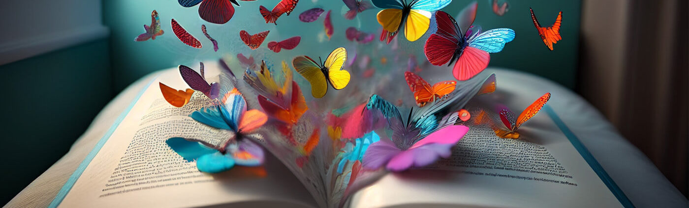 Open book on a hospital bed with butterflies streaming out of it.