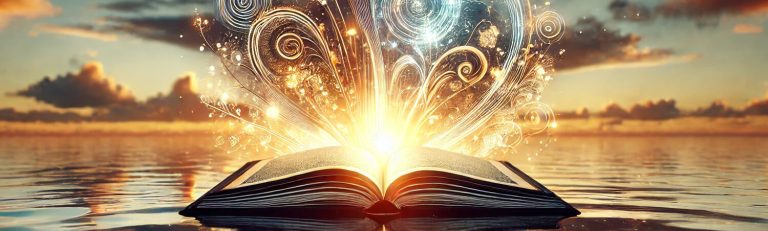 Photo-realistic representation of an open book floating on a calm ocean at sunset (banner) - By Dave Bell